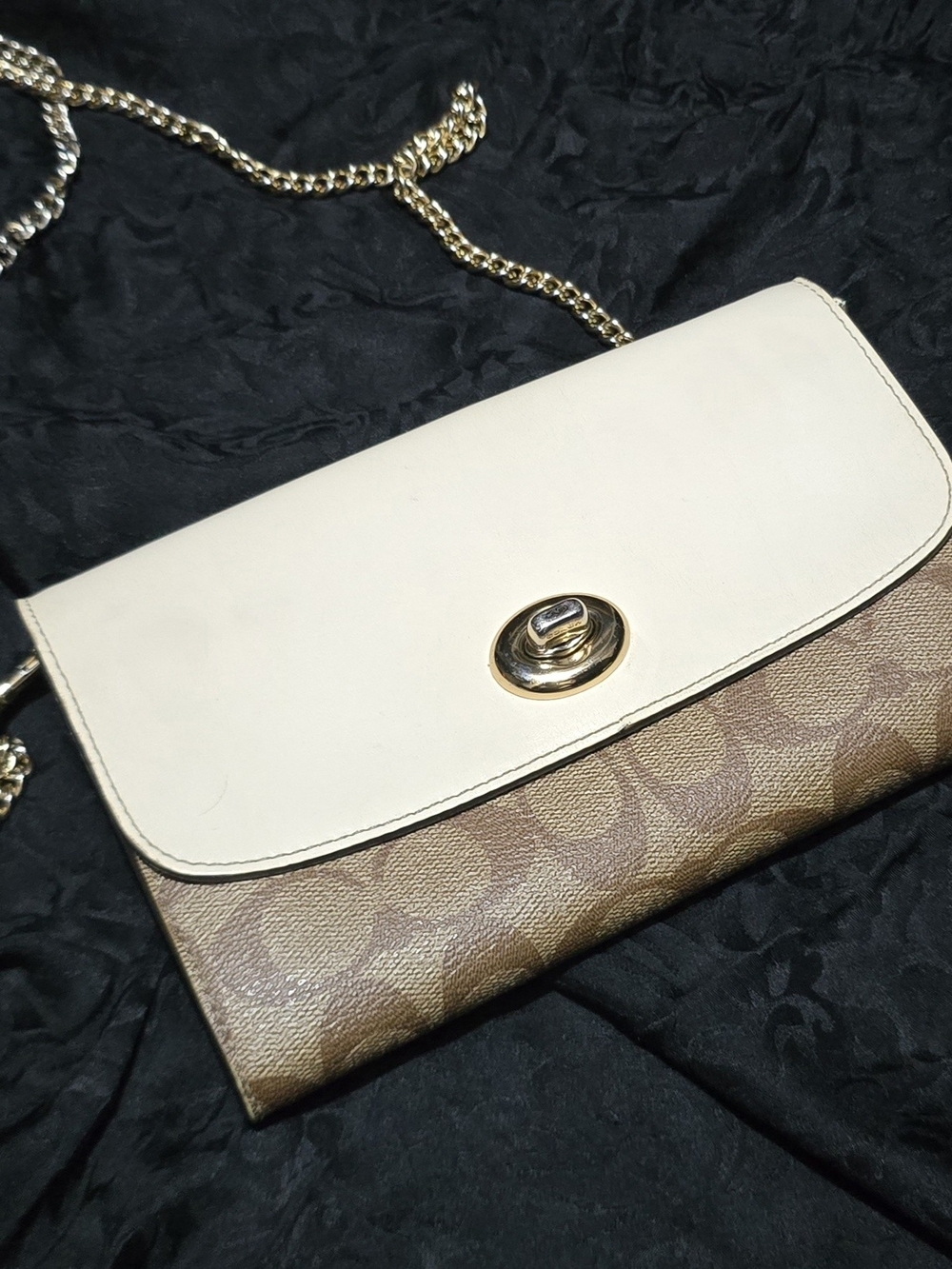 Coach and Four Cream and Brown Signature Turn-Lock Chain Crossbody